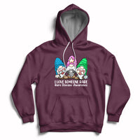 Maroon pullover hoodie with zebra-themed cartoon graphic and awareness text on chest