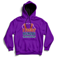 Purple hoodie with front graphic text "I FIGHT HUMAN TRAFFICKING" and chain design