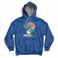 Royal blue hoodie with colorful dragonfly graphic and “Hippie soul” chest print