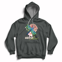 Charcoal gray hoodie with colorful dragonfly graphic and “Hippie soul” chest print