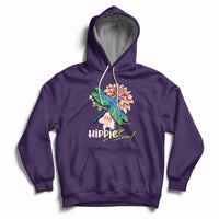 Purple hoodie with colorful dragonfly graphic and “Hippie soul” chest print