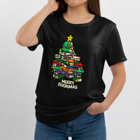 Black t-shirt on model with book-tree graphic and 'Merry Bookmas' print