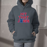 Gray hooded sweatshirt with front pocket and 'HIT THAT JAWN' graphic