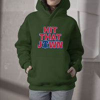 Green hooded sweatshirt with front pocket and 'HIT THAT JAWN' graphic