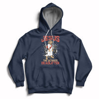 Navy pullover hoodie with front Jesus lifting graphic and hood pouch pocket.