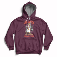Maroon pullover hoodie with front Jesus lifting graphic and hood pouch pocket.