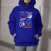 Royal blue pullover hoodie with heart disease moon and infinity graphic