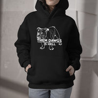 Black bulldog graphic hoodie with front text print, pullover hood and kangaroo pocket