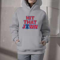 White hooded sweatshirt with front pocket and 'HIT THAT JAWN' graphic