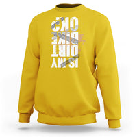 Yellow crewneck sweatshirt with distressed front graphic print, long sleeves and ribbed cuffs