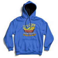 Royal blue corn-themed pullover hoodie with front corn graphic and kangaroo pocket
