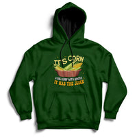 Forest green corn-themed pullover hoodie with front corn graphic and kangaroo pocket