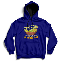 Navy corn-themed pullover hoodie with front corn graphic and kangaroo pocket