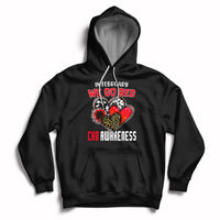Black pullover hoodie with red chest graphic, hood, and front kangaroo pocket.