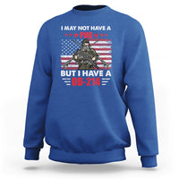 Royal blue crewneck sweatshirt with veterans eagle graphic and DD-214 text, long sleeves