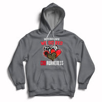 Charcoal gray pullover hoodie with red chest graphic, hood, and front kangaroo pocket.