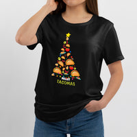 Black crewneck T-shirt worn by person; colorful tree graphic with “MERRY TACOMAS”