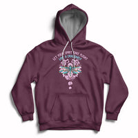 Maroon inspirational hoodie with dragonfly graphic, front pocket, and drawstring hood.