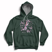 Forest green pullover hoodie with pink dragonfly graphic and front kangaroo pocket