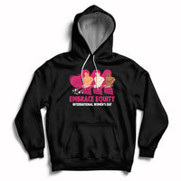 Black women's hoodie with front kangaroo pocket, drawstrings, and Embrace Equity graphic