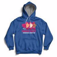 Royal blue women's hoodie with kangaroo pocket, drawstrings, and Embrace Equity print