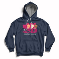 Navy women's hoodie with kangaroo pocket, drawstrings, and Embrace Equity print