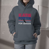 Dark gray hoodie with hood, front pouch, and "KATIE PORTER FOR SENATE" graphic