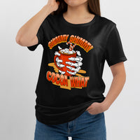 Black crew-neck T-shirt with 'Cocoa What' holiday drink graphic