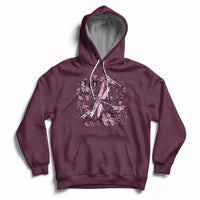 Maroon pullover hoodie with pink dragonfly graphic and front kangaroo pocket