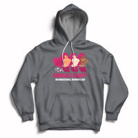 Charcoal women's hoodie with kangaroo pocket, drawstrings, and Embrace Equity graphic