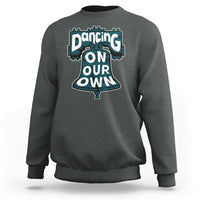 Dark gray crewneck sweatshirt for adults with large front slogan graphic