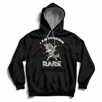Black hoodie with rainbow zebra unicorn graphic, front pocket and drawstring hood