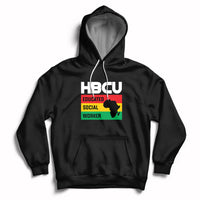 Black pullover hoodie with front pocket, hood drawstrings, HBCU social worker graphic
