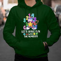 Green kids hoodie with colorful unicorn number graphic and slogan on the front