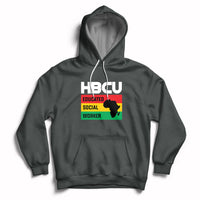 Dark heather pullover hoodie with front pocket, hood drawstrings, HBCU social worker graphic