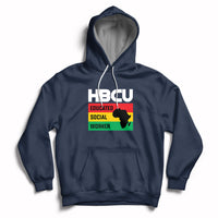 Navy pullover hoodie with front pocket, hood drawstrings, HBCU social worker graphic