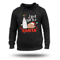 Black pullover hoodie with Santa cookie and milk graphic, drawstring hood