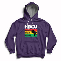 Purple pullover hoodie with front pocket, hood drawstrings, HBCU social worker graphic