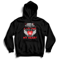 Black pullover hoodie with front kangaroo pocket and “My Heart” graphic
