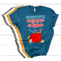 Blue Christmas T-shirt with colorful 'Sarcasm my gift to you all year long' graphic