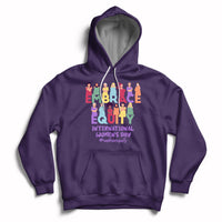 Purple pullover hoodie with front colorful 'Embrace Equity' and 'International Women's Day' graphic.