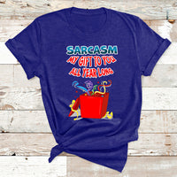 Navy Christmas T-shirt with colorful 'Sarcasm my gift to you all year long' graphic