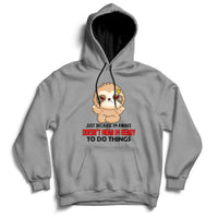 Gray hoodie with front character graphic and slogan print on the chest.