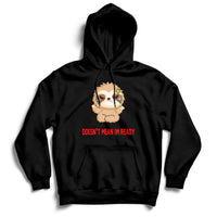 Black hoodie with front character graphic and slogan print on the chest.