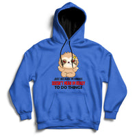 Royal blue hoodie with front character graphic and slogan print on the chest.