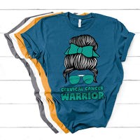 Cervical Cancer Warrior Messy Bun Teal Ribbon T Shirt - Wonder Print Shop