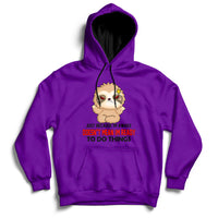Purple hoodie with front character graphic and slogan print on the chest.