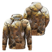 Deer graphic pullover hoodie in cream with all-over buck and antler print