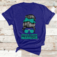 Cervical Cancer Warrior Messy Bun Teal Ribbon T Shirt - Wonder Print Shop