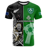 Custom New Zealand And Ireland Rugby T Shirt All Black Maori Mix Shamrocks - Wonder Print Shop